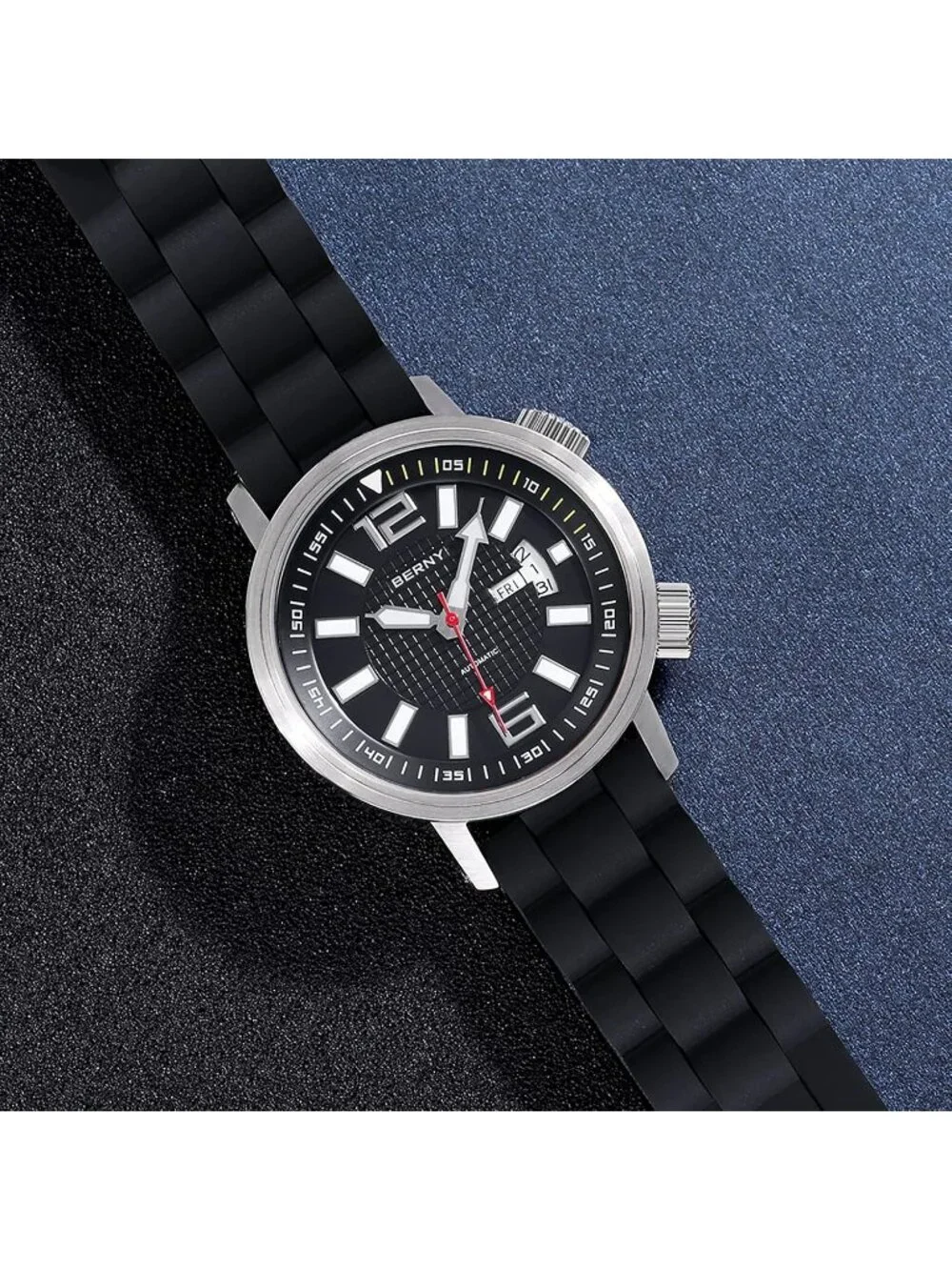 Men's Black Automatic Dive Waterproof Mechanical Movement Silicone Band Watches